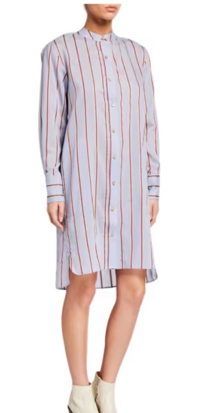Etoile Isabel Marant Yucca Striped Band-Collar Long-Sleeve Shirt Dress Sz 36 - 4